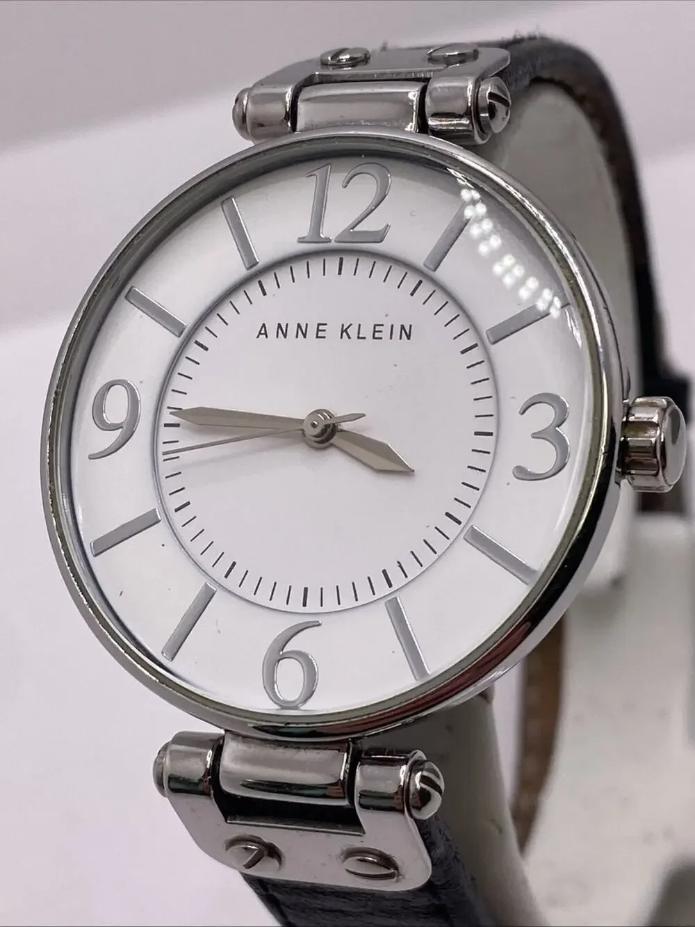 Anne Klein Womens Silver Black Band Watch New Battery